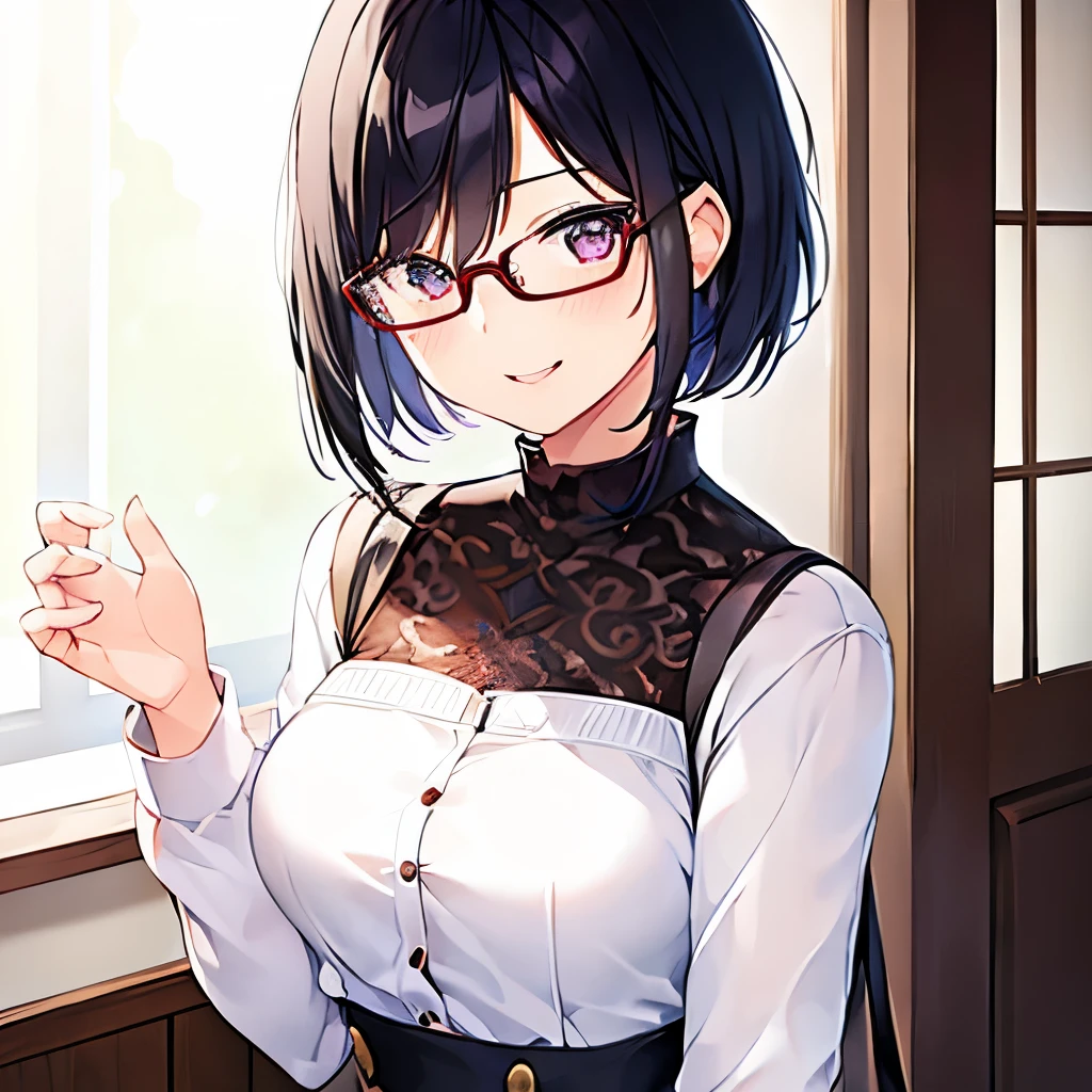 1 girl、28-year-old female、Asian、cute、Black Hair、Bob Hair、Glasses、alone、Beautiful smile、Looking up、room、one&#39;s home、living、Casual clothing、HD Fine、Very detailed、Masterpiece、Cinema Lighting、(8k、highest quality、Masterpiece:1.2)、(Realistic、Photorealistic:1.37) High resolution