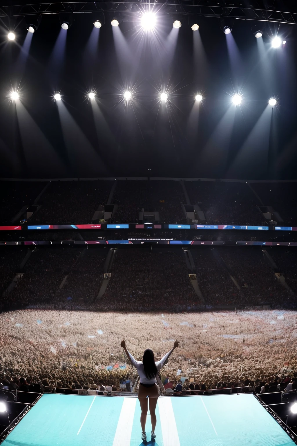 show em um palco com duas pessoas de costas para a imagem, onde vemos so suas silhuetas, ao fundo o publico com luzes brilhantes
