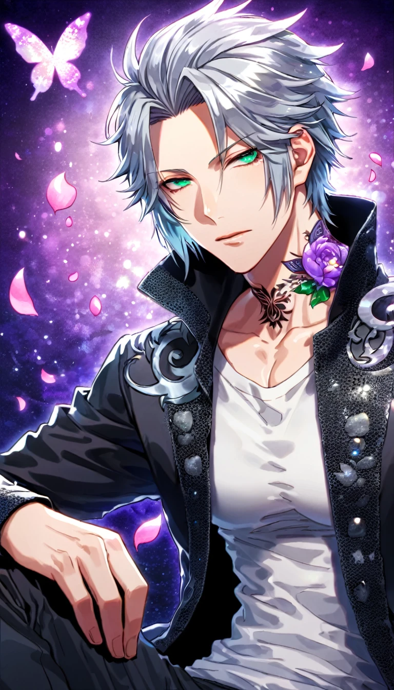 Ultra detailed, Highres, absurdres, HDR, Gokudera Hayato, gray hair, without bangs, expressive green eyes, black coat with patterns, Katekyo Hitman Reborn!, white shirt, fantasy, glittering purple butterflies, petals, handsome, sexy man, solo, very detailed eyes and face, master piece, toned chest, glittering, purple flowers, sitting, tattoo on his neck, black pants, purple background