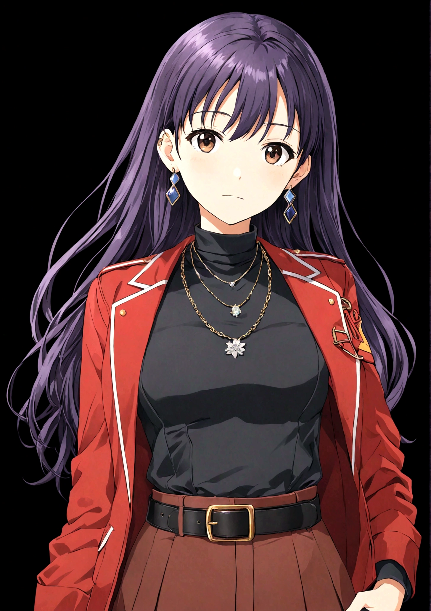 1 Girl,belt,black background,十字架necklace,earrings,Akimbo,jacket,Jewelry,katsuragi misato,Long hair,necklace,Transparent Background