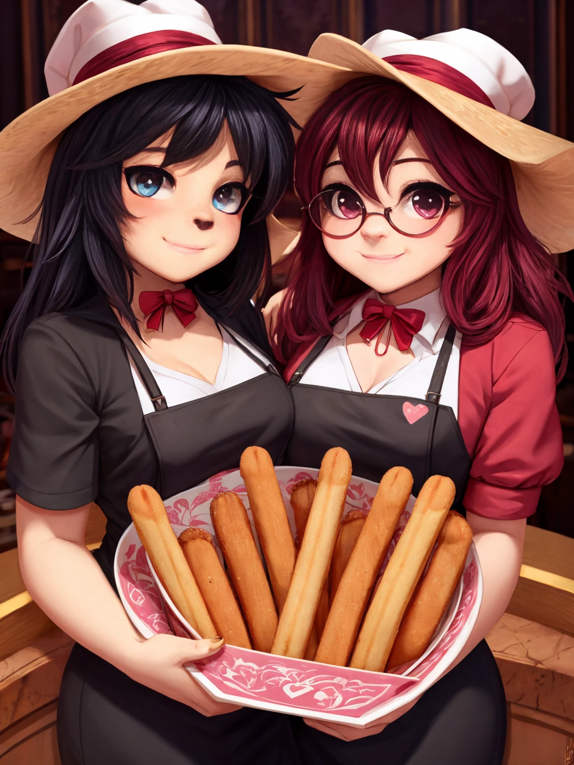 Dos chicas cabello rizado, blusa rosada y morada, con sombrero de cheff, holding heart shaped churros, una usa lentes 