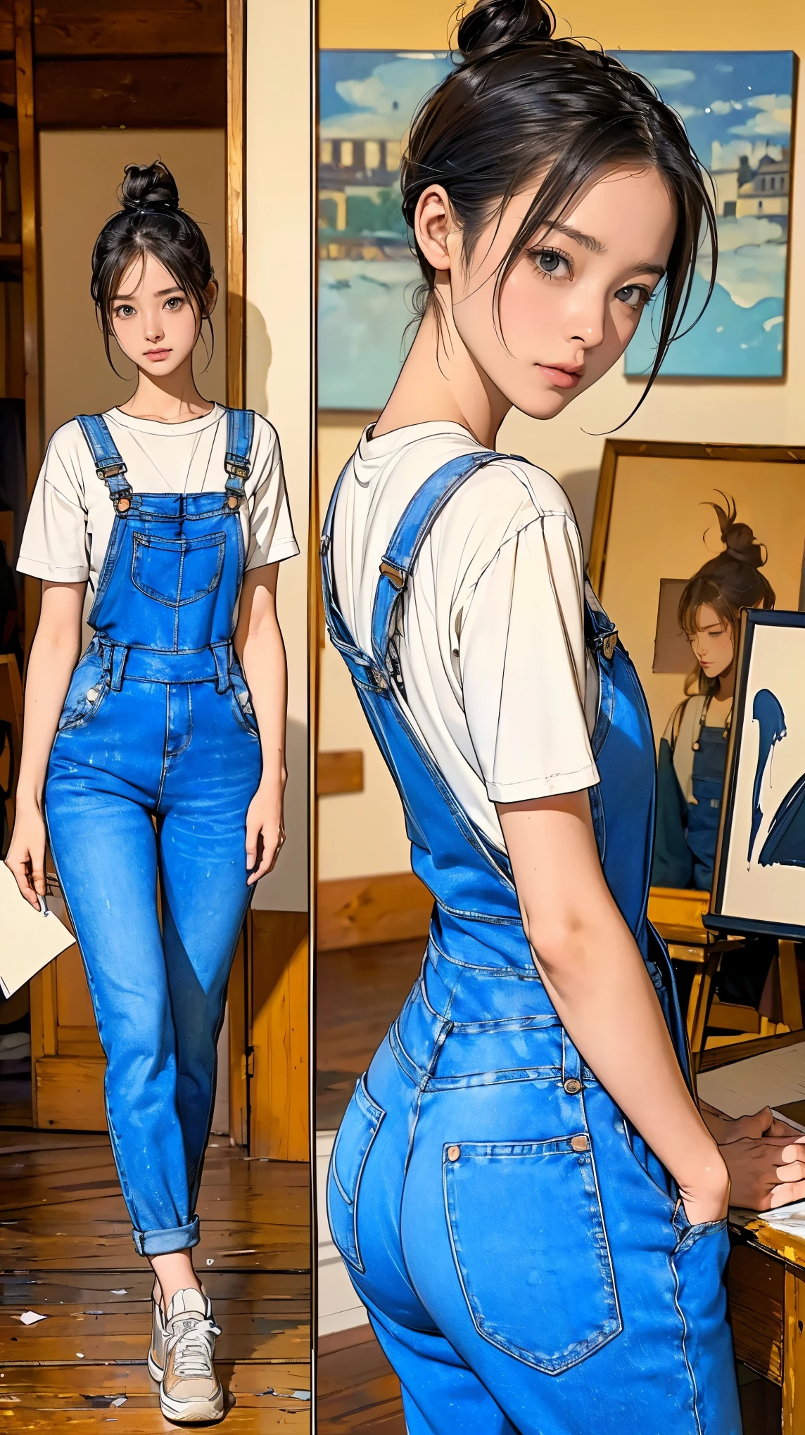 ((masterpiece)),(((highest quality))),((Reference Sheet, Character Design, front, return, ~ ~ side, Mr..々Hairstyle, Mr..々Performance, Facial Expressions)), 14-year-old girl, Cute type, (Very slim:1.4), (Very small ass:1.4), Realistic buttocks, Big Breasts, Short Bob, Thin thighs, Long legs, It's not a big deal, ((Beautiful artist in jeans overalls、After painting on a large canvas、Relax in the art studio。, sneakers, 19th century Parisian artists, Messy hair bun)), ((Browsing Caution:1.0))
