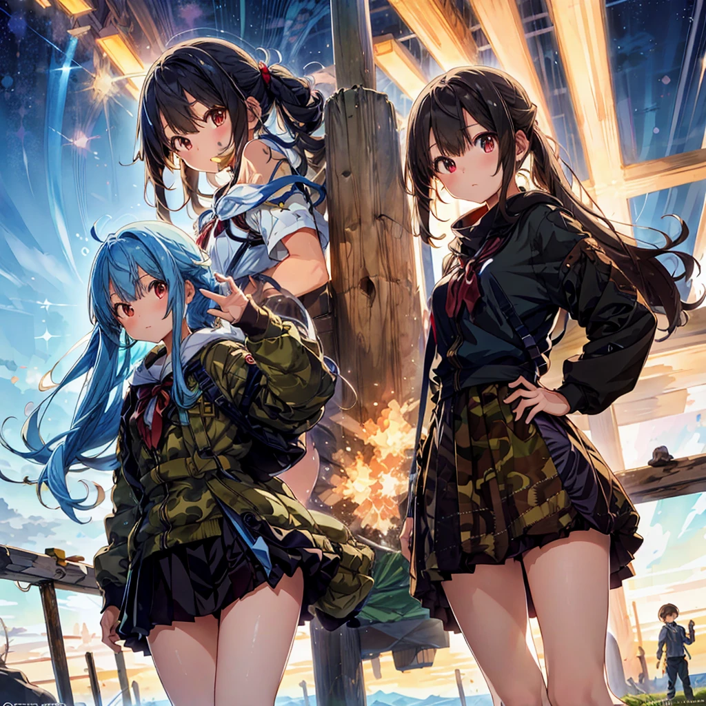 One girl、(masterpiece, highest quality、Official Art、The best configuration、Award-winning works、The best composition with great attention to detail), (Thin Hair), Very detailed, Anime Style, alone, full length, Concept Art,Self-Defense Forces ak47,Camouflage、 Super huge, Tall and stylish, Very large.、White Background, full lengthに立って, Standing firm on the desolate ground,fsgzisksk
