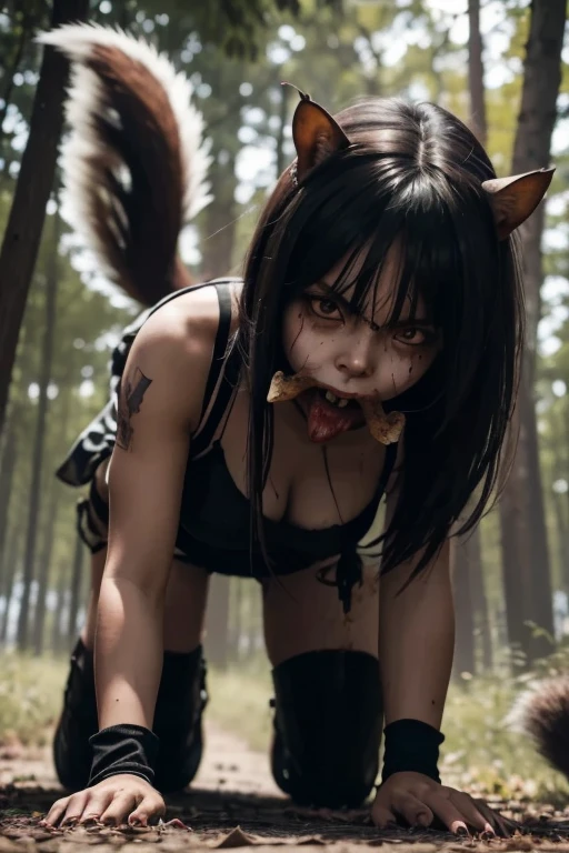 A scary human girl looking like a animal in four support position on the ground holding a dead bloody squirrel in her mouth with savage look in a house's backyard terror style