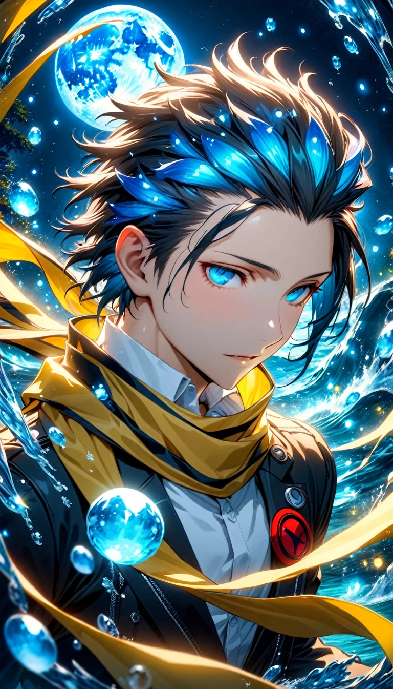 absurdres, highres, ultra detailed, HDR, masterpiece, Mochizuki Ryouji, black hair, ruffled slicked back, expressive blue eyes, Persona 3, solo, sexy man, handsome, yellow scarf, black jacket, white shirt, magical, fantasy, water, blue moon, starry, blue fireflies, blue flowers