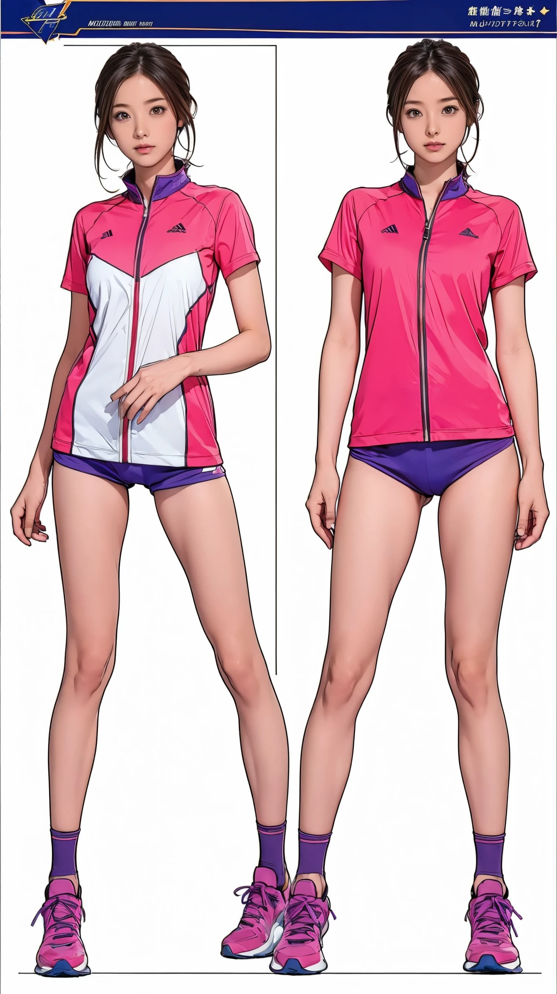 ((masterpiece)),(((highest quality))),((Character design sheet)),Thin thighs,Long legs,It's not a big deal ,Wearing a marathon uniform and marathon shoes