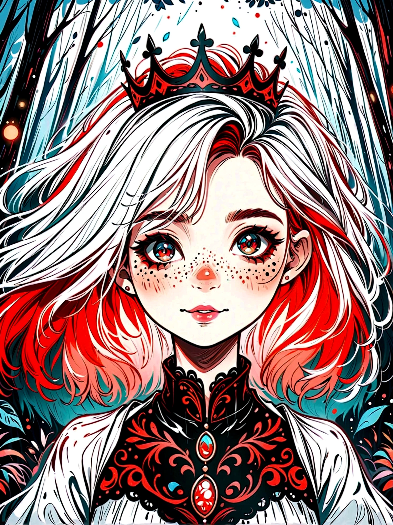 Cartoon hand drawn, 1girl, solo, She has long white hair,Fair skin,Red eyes,Colorful hair,Colored inner hair,Crown,Fangs,a finger smile, In a forest of movie lights,Dark and low-light conditions,She wore a white dress with gold embellishments, Her eyes are focused,Watching the audience,Fair skin,The face is delicate and flawless,Magical naive art,Bright blue and green,The color palette is in red, orange and black tones and has a sketchy style, The background should have a simple hand-drawn doodle pattern, 1shxx1,This is a work of art of the highest quality,art film lighting,tone,Neutral filter, Gothic art, cinematic lighting, first-person view, cowboy shot, masterpiece, UHD, retina, accurate, anatomically correct, textured skin, award winning, super detail, best quality, 8k