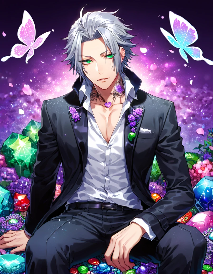Ultra detailed, Highres, absurdres, HDR, Gokudera Hayato, gray hair, without bangs, expressive green eyes, black coat with patterns, Katekyo Hitman Reborn!, white shirt, fantasy, glittering purple butterflies, petals, handsome, sexy man, solo, very detailed eyes and face, master piece, toned chest, glittering, purple flowers, sitting, tattoo on his neck, black pants, purple background