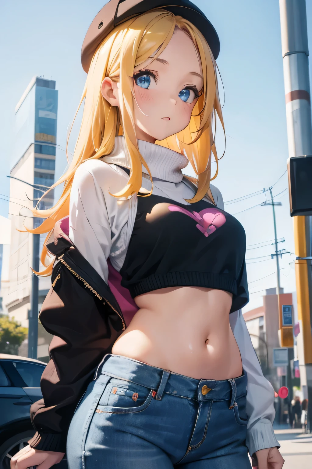 1 girl, single girl, cute, yellow hair, blue eyes, medium breasts, big hips, sweater, pink top, Patanlon baggy bluyin, black sports cap, college girl