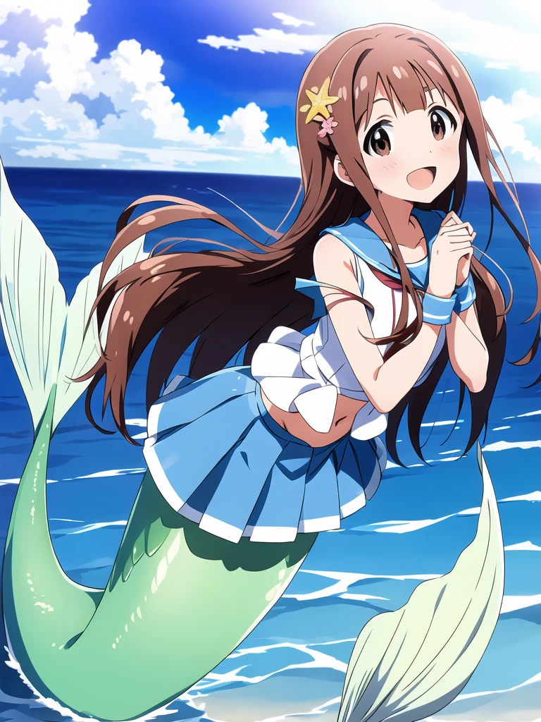 kotoha tanaka (million live), (best quality, 8K, masterpiece, ultra detailed:1.2), dynamic pose, cinematic angle, light particles, sparkle, beautiful detailed eyes, shiny skin, shiny hair,
sea, day, dappled sunlight, blue sky, beautiful clouds, beach,
mermaid, mermaid tail below waistline, 1girl, solo, skirt, smile, cute, happy, open mouth, sailor collar, :d, , serafuku, collarbone, hair flower, looking at viewer, upper body