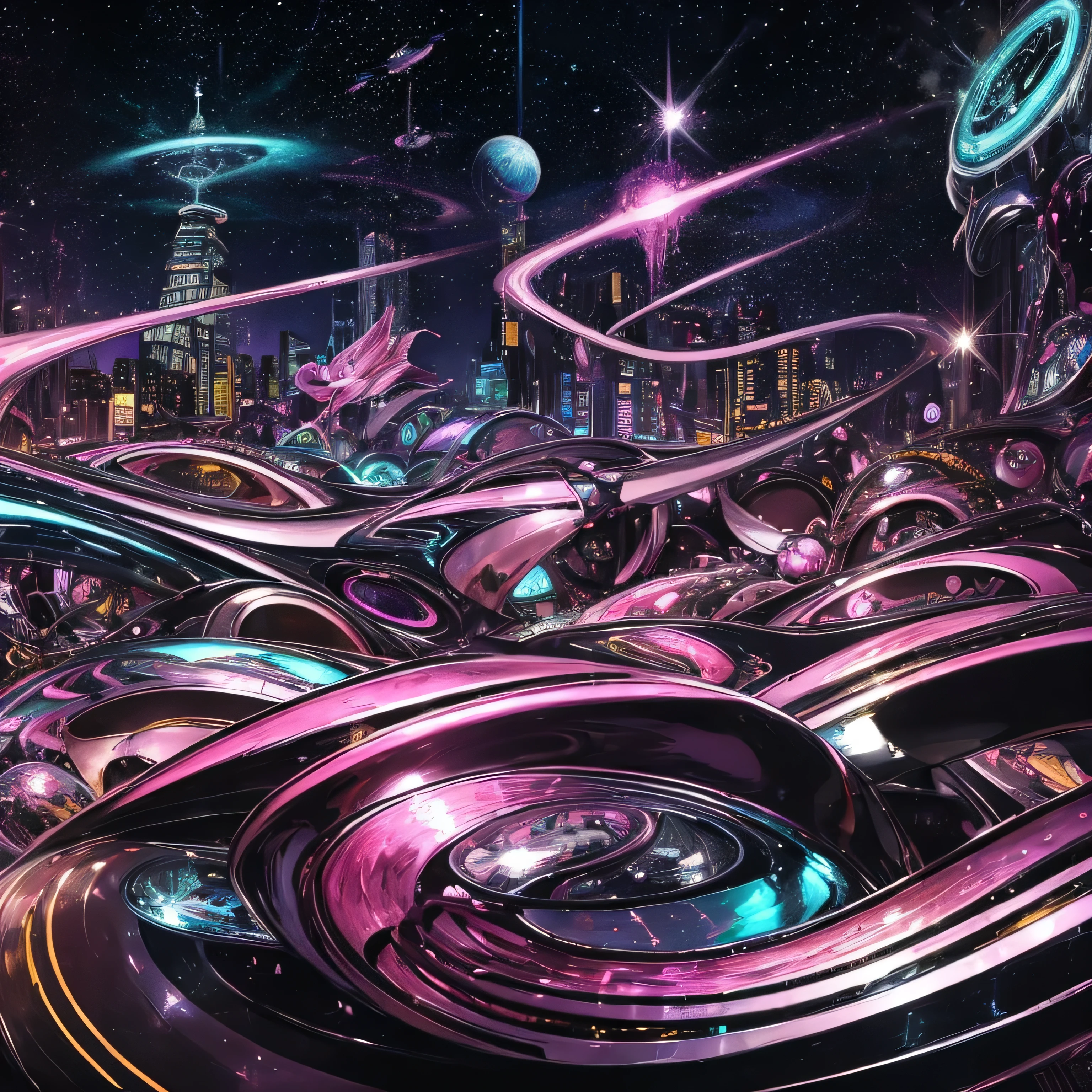 Chromed oil painting in shiny in pink tones, the Portuguese word 'PSYWORMS' in 3D, cartoon font, surrounded by silver and pink neon spaceships, galaxies in the sky, and a nightmarish horror