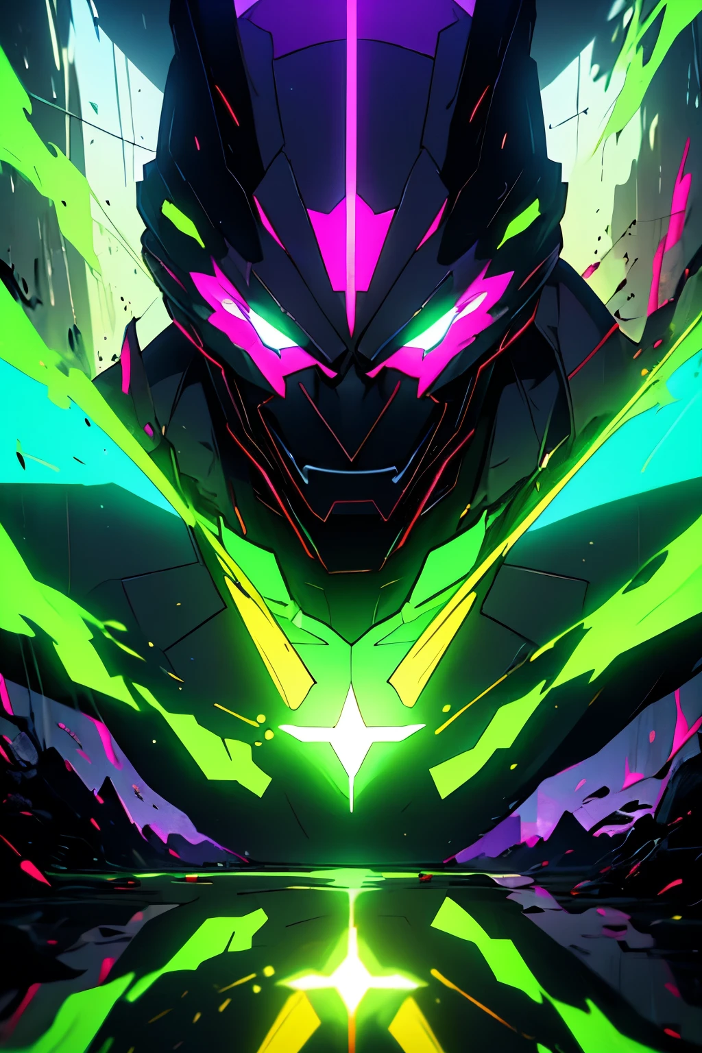 Man face with purple neon lights on a dark background and with a neon green lethal drearm with a determined expression