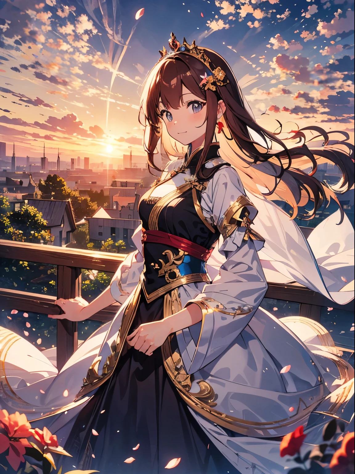 1girll，the sunset，Skysky，Yunxia，A princess，tiara crown，Scattered petals，illustration，CG art，tmasterpiece，high qulity，depth of fields，Storytelling images，