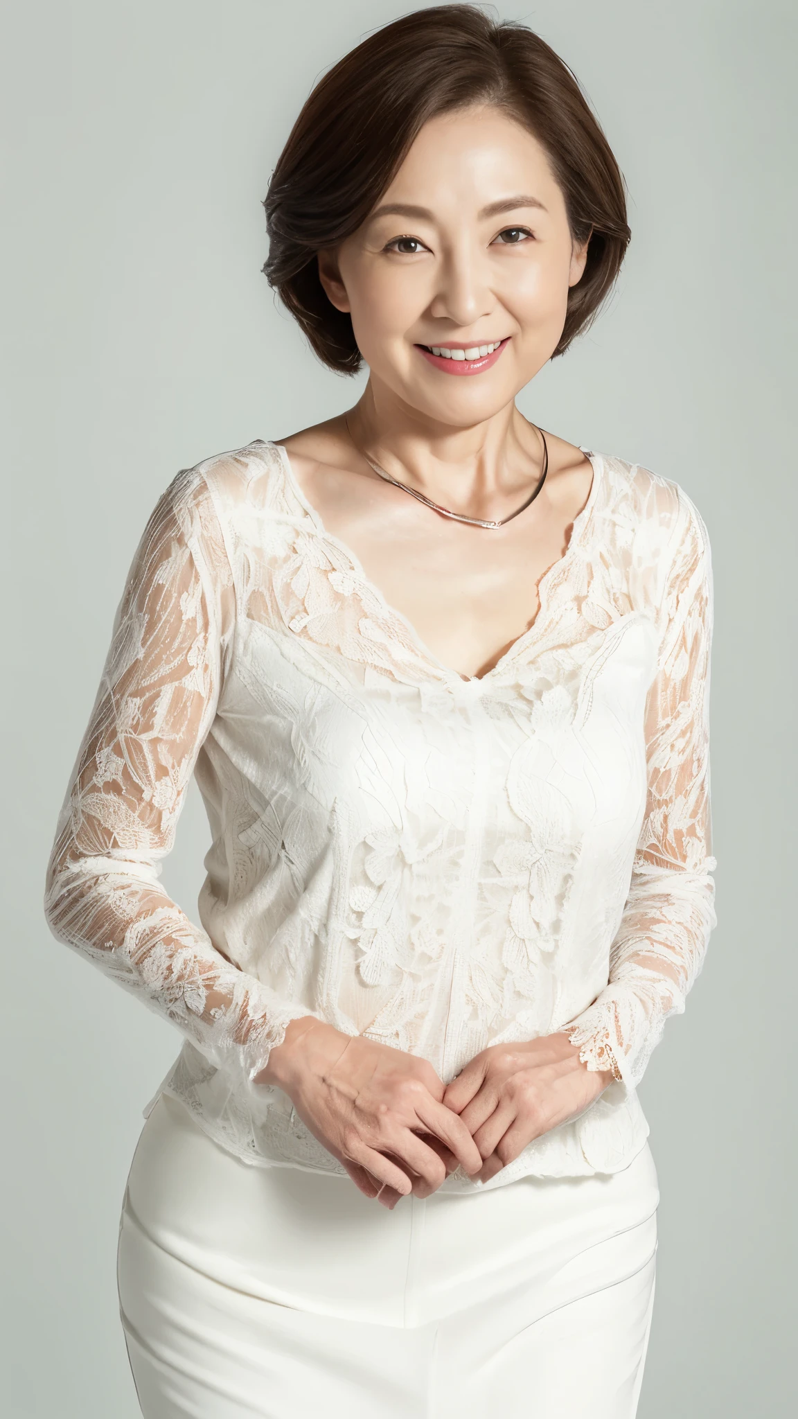 ((elder)), (((Short Bob))), Late Elderly, Aged face, Perfect composition, ((Fractal Art)), (((masterpiece))), 8k, Clear images, (((alone))), (((Asian Beauty))), Pure white background, Natural Hair Color, Hands behind back, Refreshing early summer outfit, Alluring, ((Elderly)), Depict lips accurately,Red lips, Flashy makeup, (((alone))), (((Perfect Anatomy))), Depicting ears correctly, Pure white background, gravure, Upright posture, smile, ((Beautiful mature woman)), highest quality, Very detailed, Realistic, Very detailed細なスキン, (Madame), (The corners of the mouth are turned up), 120 years old, Huge breasts, Mature Politician, Glamour, sexy, Pure white skin, Natural hairstyle, Comfortable clothing,