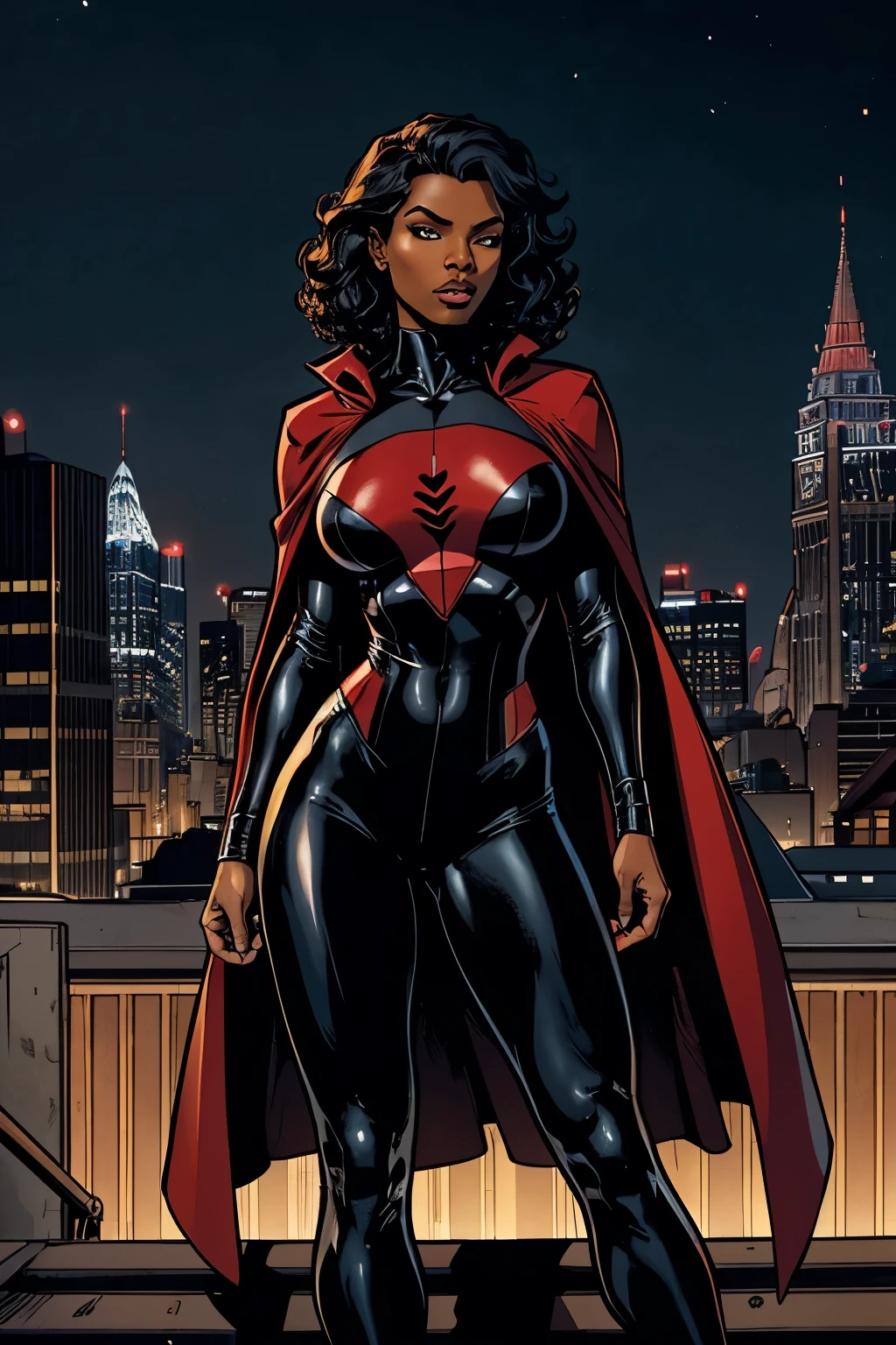 Cardinal, a gorgeous woman with (dark skin) wearing a modest black and red bodysuit, long sleeves, leggings. Athletic, huge breasts, wide hips. Short curly black hair, batons. short mini half-cape. Confident. City skyline, rooftops.