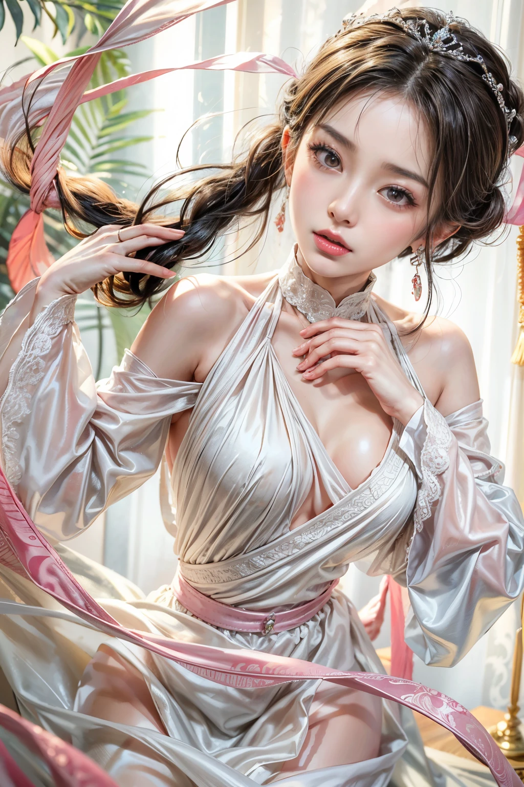Gentle and attractive Chinese beauty, Half-body photo, Delicate and sexy collarbone, Attractive oval face, double eyelid, Bright pink eyes, Pink Lips, Small Nose, Exposing shoulders, Concentrated face, Face close-up, tiara, silk chinese long dress, Ultra high definition, Super Detail, Elegant standing posture, Ultra-fine light-transmitting wet yarn, huge firm bouncing bust, dynamic sexy poses
