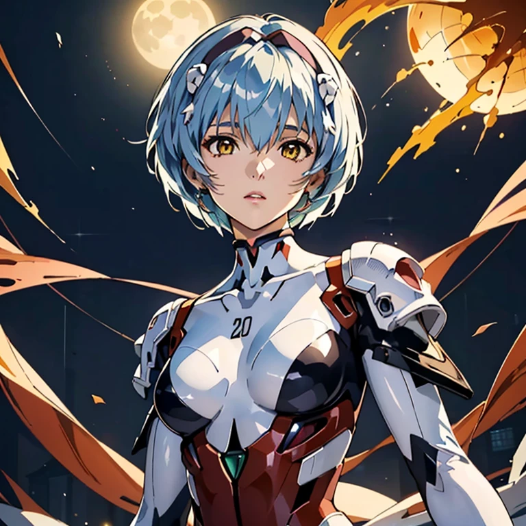 (highest quality, masterpiece, colorful, Dynamic Angle, highest detailed) Upper body photo, Cute girl fashion photos (\Rei Ayanami\), Yellow Eyes, Big red flower hair ornament, There is a spider web painted on his shoulder.,dressing high detailed Evangelion white suit, Dynamic pose, (Intricate details, hyperdetailed:1.15), detailed, Moonlight filtering through hair, (Official Art, extreme detailed, highest detailed), High resolution+