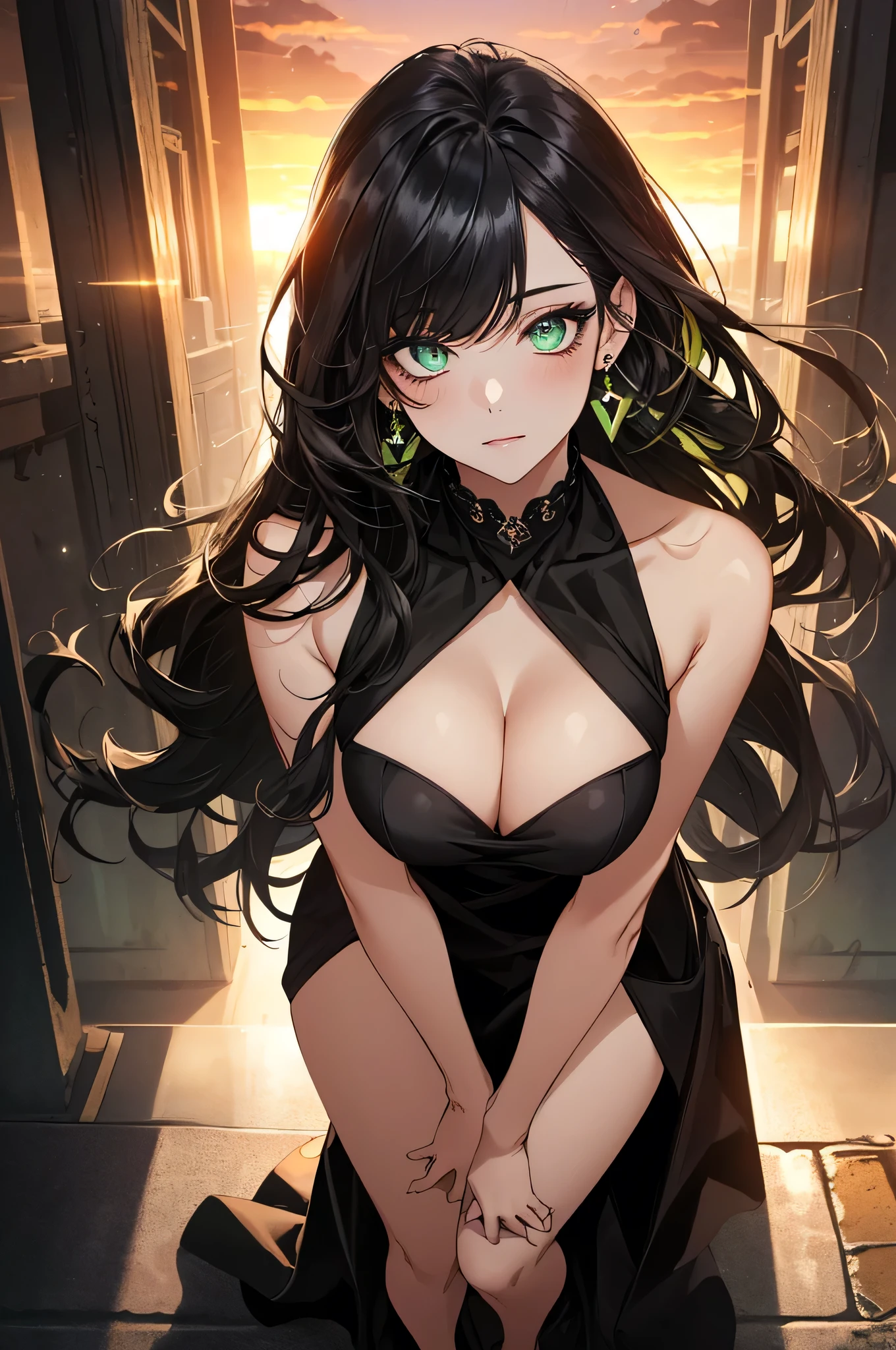 (top quality, masterpiece, high quality, ultra-delicate), ((beautiful girl)), (((adult)), ((Pure Dark black hair)), mature, graceful curves, ((long hair, long bangs)), ((bright green eyes)), ((detailed eyes)), nose, bangs, black collar, ((Revealing Black Party Dress)), V neck, seductive, cleavage, casual ribbon, charm, shoulderless dress, fashion, thick thighs, green earrings, Good Lighting, Sunset, Full body Shot.