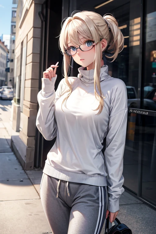 Une femme blond avec des yeux gris des lunettes ronde un pull blanc avec un jogging moulant