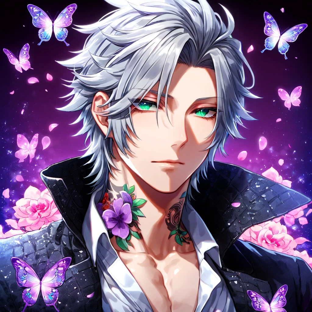 Ultra detailed, Highres, absurdres, HDR, Gokudera Hayato, gray hair, without bangs, expressive green eyes, black coat with patterns, Katekyo Hitman Reborn!, white shirt, fantasy, glittering purple butterflies, petals, handsome, sexy man, solo, very detailed eyes and face, master piece, toned chest, glittering, purple flowers, tattoo on his neck, purple background