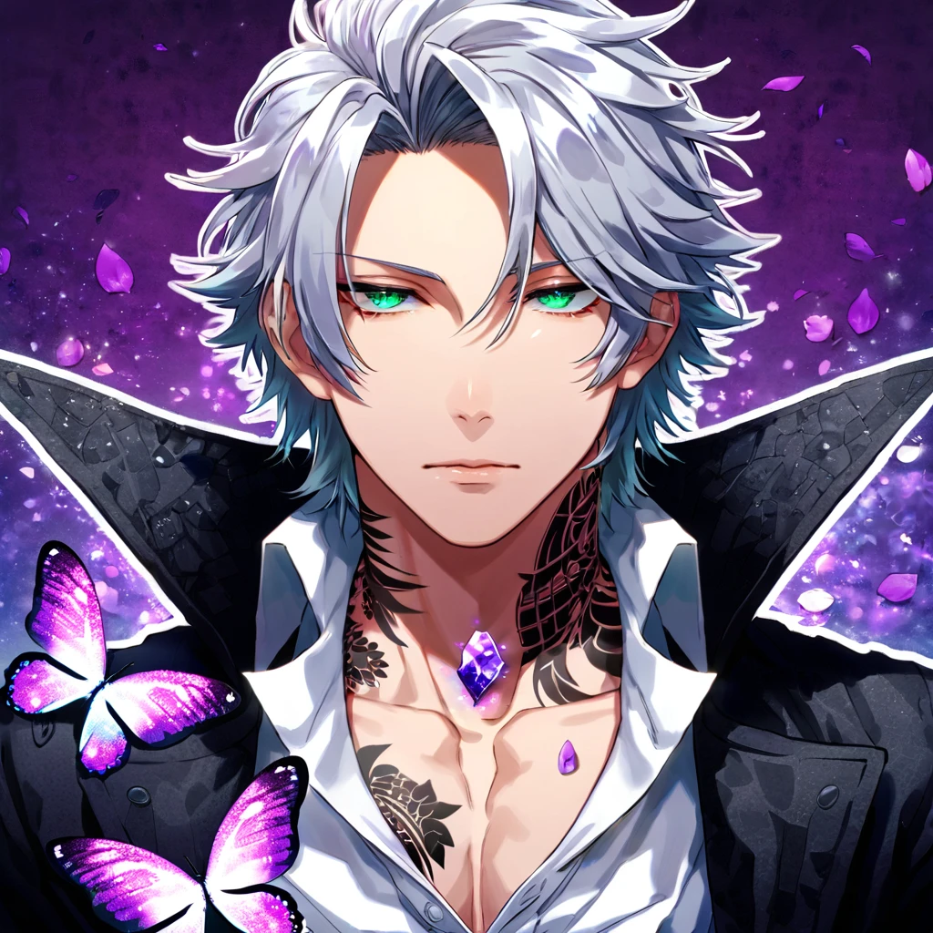 Ultra detailed, Highres, absurdres, HDR, Gokudera Hayato, gray hair, without bangs, expressive green eyes, black coat with patterns, Katekyo Hitman Reborn!, white shirt, fantasy, glittering purple butterflies, petals, handsome, sexy man, solo, very detailed eyes and face, master piece, toned chest, glittering, purple flowers, tattoo on his neck, purple background