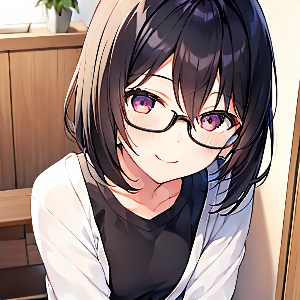 1 girl、28-year-old female、Asian、cute、Black Hair、Updo、Glasses、alone、Beautiful smile、Looking up、room、one&#39;s home、living、Casual clothing、HD Fine、Very detailed、Masterpiece、Cinema Lighting、(8k、highest quality、Masterpiece:1.2)、(Realistic、Photorealistic:1.37) High resolution
