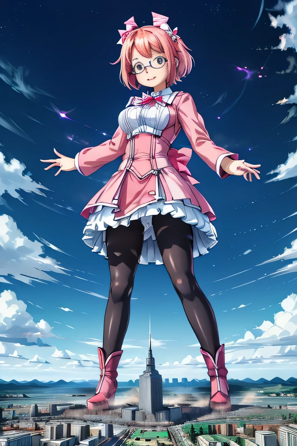 giantess art, highly detailed giantess shots, giantess, Two legs, Five fingers, short hair, A beautiful girl who is bigger than a skyscraper, Wearing rimless glasses, smile, Big Breasts, pink dress, bow, magical girl, magical wand, black pantyhose, pink stiletto heels, Lightning from a wand, Destroying cities, A very small big city, Miniature metropolis, Full body description, GTS, giga giantess, stomping city, crash city, tiny city, micro city, pantyhose feet, High resolution, highest quality, masterpiece,