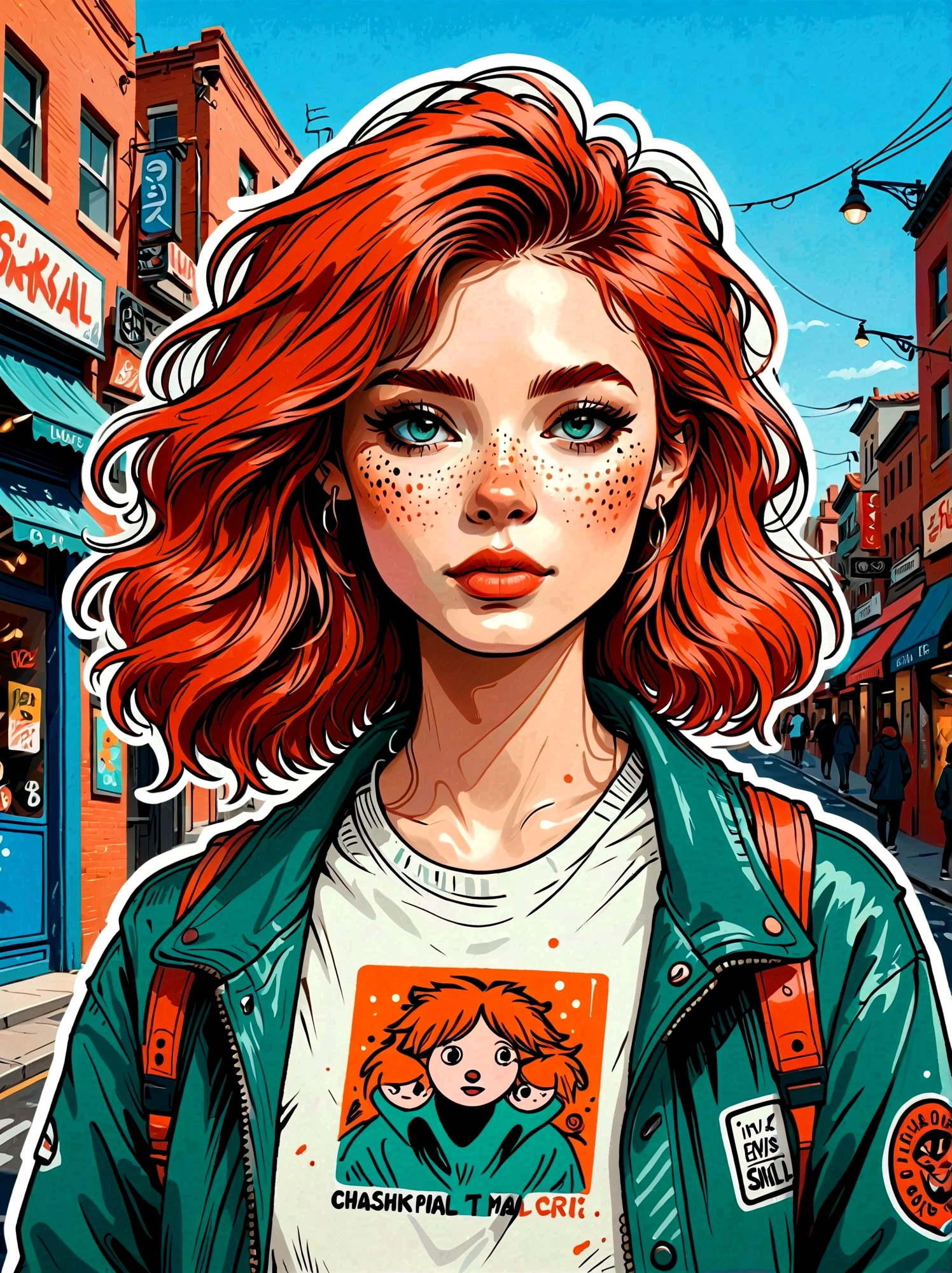 Cartoon hand drawn, 1girl, solo, Strike a pose, Ginger Hair, (Streetwear:1.2), By stickers, Sticker Fashion, Complex street background, Flat color made, Fair skin，The face is delicate and flawless，Magical naive art，Bright blue and green，The color palette is in red, orange and black tones and has a sketchy style, The background should have a simple hand-drawn doodle pattern, 1shxx1