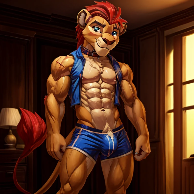 a high resolution, (((masterpiece))), 8K, excellent lighting, detailed face and body,4K, a high resolution, Best quality, masterpiece, Perfect colors, perfect shadows, Ideal lighting,.,шортыmasterpiece, detailed, beautiful digital art, masterpiece, 4K, small parts, Anthro, a lion, What, male, ((male род)), good quality anatomy, ((beautiful eyes)), Red Mane, ((beautiful hands, detailed hands)), (I look at the viewer), I look at the viewer, whole body, anime style, from NOMMZ, by Heichel, Oyuki Benten.The collar is worn around the neck. , Member, big tail, blushing, Slim, болишой Member,, soft shading, perfect anatomy, Ideal lighting, perfect focus, Bright, 1 boy, fluffy, fluffy кот, Anthroпоморфный, male, scales in tone, very big,Soft fur, detailed body, .очень high,slender, full length, there is fur,, pumped up, Slim,, , muscular, in the room, , ,submission, , high, , full length, very big рост, ,visible abs, очень pumped up, , standing, ,sweaty，Especially a lot of scars:2，Lots of scars,,afraid of the owner, boy 18 years old, very pumped up, obedient whore, broken,musculature, , personal slave, gay, a fag, kion pet, ,Slim, very Slim, very thin waist, Cute, muscular, fluffy hair, Suffocates, the collar is very tight, pain, ,очень pumped up,wants to please the viewer , очень pumped up,очень pumped up, Dominant, Very Close to the Viewer, worth it, очень pumped up, очень pumped up, Dominant,очень pumped up, , very strong，muscle,, in shorts,, Apparel, cum right in my panties, macro growth, болишой Member,shows butt,Cozy atmosphere,,inflection, painшие бицепсы,vest. (Detailed eyes). , bulge, sinewy muscles.,,(seductive face: 1.2), ideal male body.male genitalia, (perfect genitalia), ((genitalia)).(turning away from the viewer):1.Back muscles,