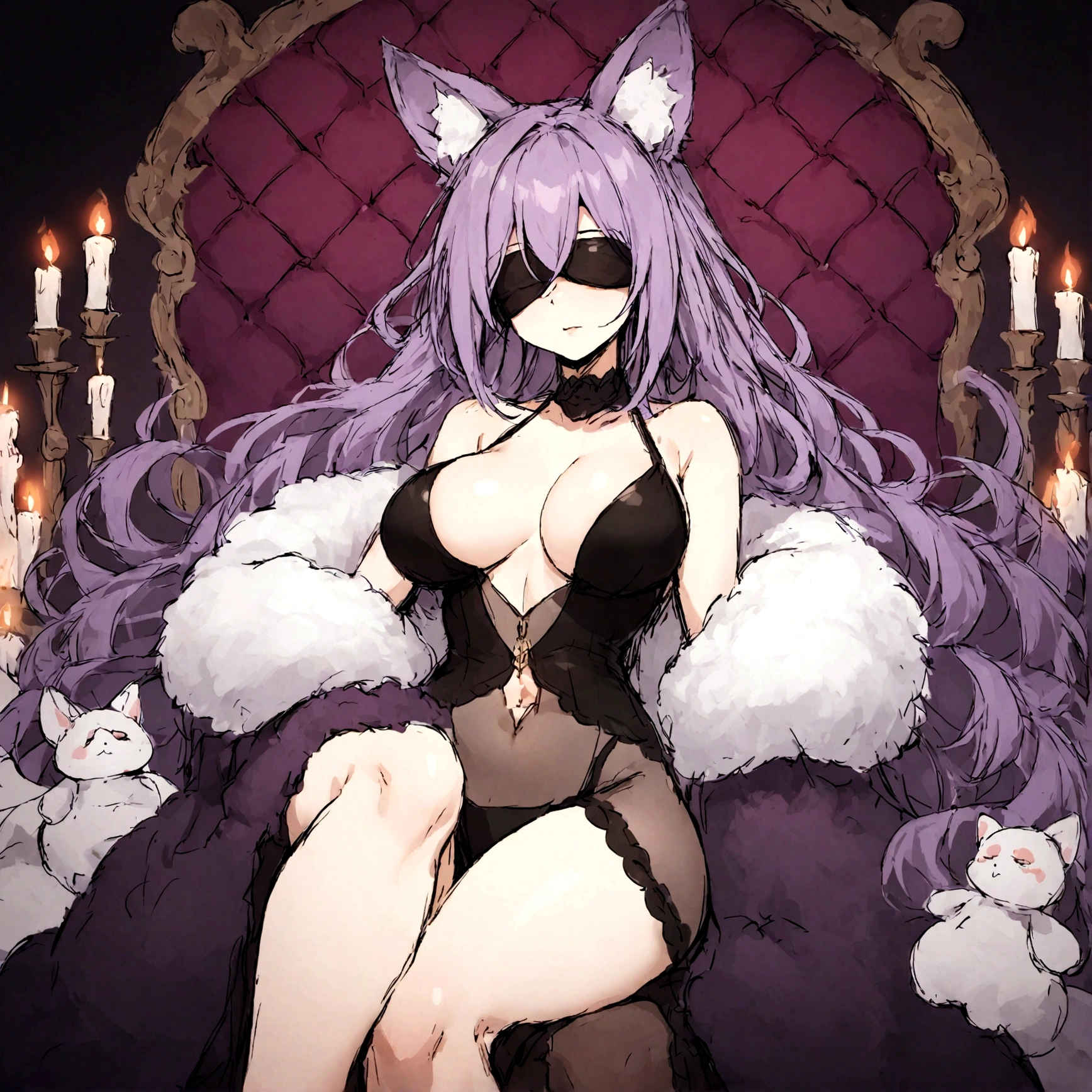 a sexy milf with a blindfold on, has very long purple hair, wearing fur lined sheer robe, breasts, showing cleavage, has fox ears, relaxing on a throne, surrounded by candles and soft multi colored fuzzy plushies