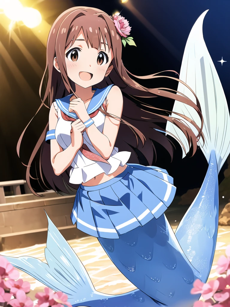 kotoha tanaka (million live), (best quality, 8K, masterpiece, ultra detailed:1.2), dynamic pose, cinematic angle, light particles, sparkle, beautiful detailed eyes, shiny skin, shiny hair,
Underwater  sea, beautiful 
mermaid, mermaid tail below waistline, 1girl, solo, skirt, smile, cute, happy, open mouth, sailor collar, :d, , serafuku, collarbone, hair flower, looking at viewer, upper body