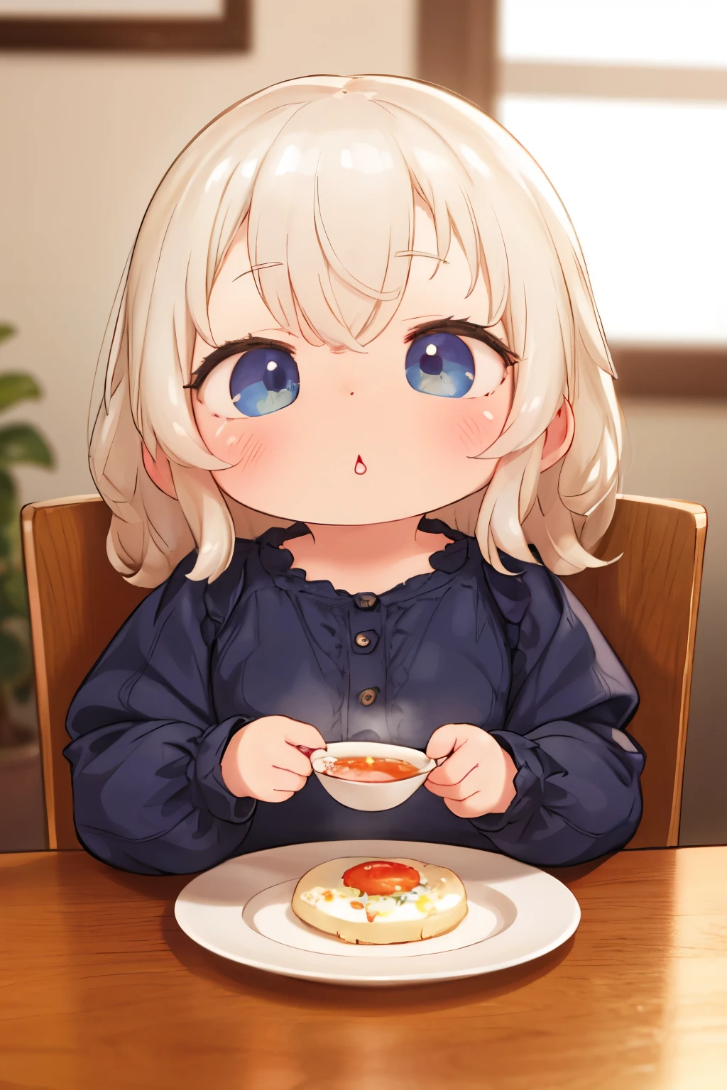 Photorealistic Chibi Girl Doll、sitting at the table eating breakfast、Detailed face、Beautiful Eyes、Detailed Hair、Delicate hands、Complex clothing folds、Warm lighting、Soft Focus、8K、high quality、masterpiece、Ultra-realistic、Detailed Texture、Realistic lighting and shadows、Bright colors、Natural tones