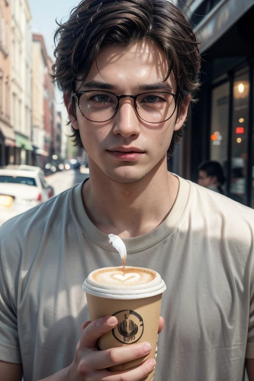 Realistic photo handsome boy realistic face with cinematic light tan glasses a boy holding a coffee