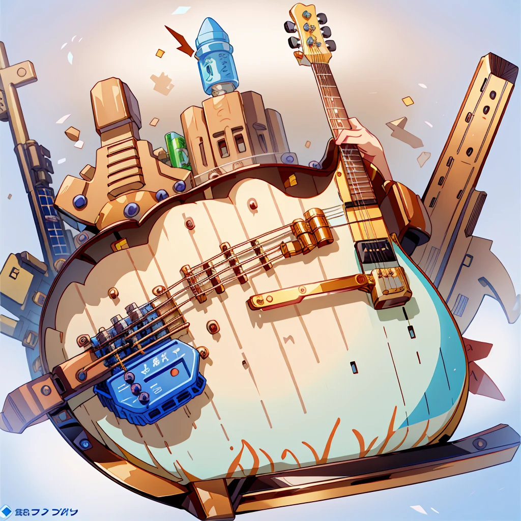 One girl、(masterpiece, highest quality、Official Art、The best configuration、Award-winning works), (Thin Hair), Very detailed, Anime Style, alone, full length, Concept Art,guitarをひいている guitar Note, デザインが非常にこだわっているguitar, Super huge, Tall and stylish, Very large.、White Background, full lengthに立って, Floating in the sky,fsgzisksk