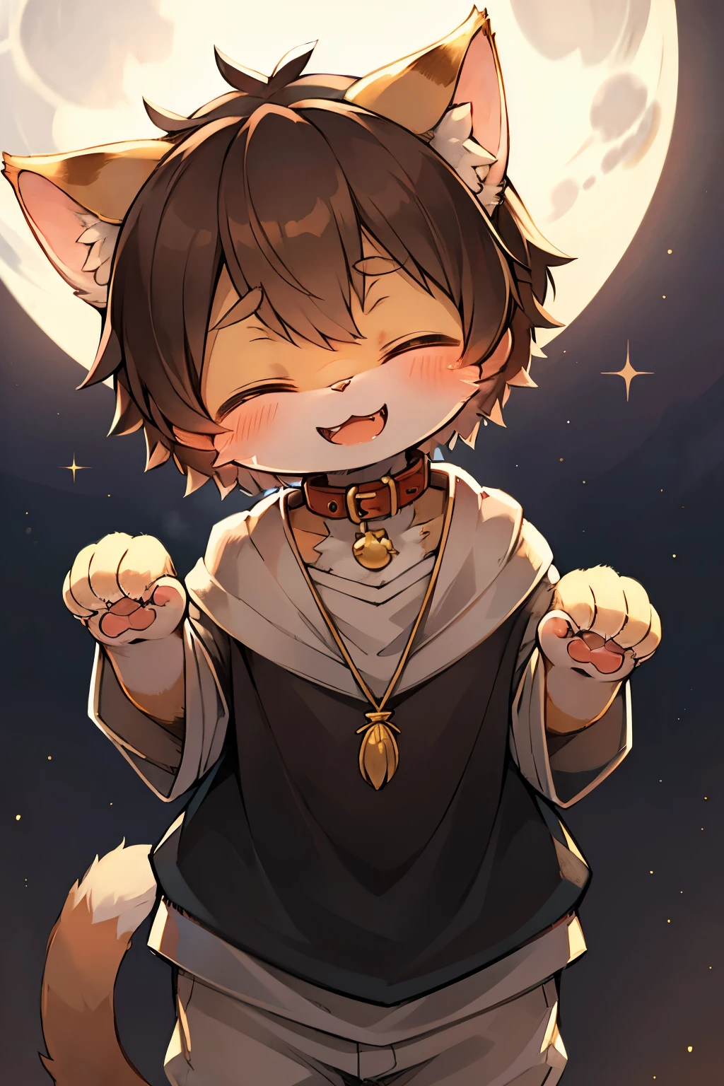 Kemoshota, close-up, paw pose, short height, short statue, cat whiskers, cat tail, smiling, closed eyes, open mouth, blush, tusk, looking up, happy, meoooooooooowwwwww, sacred glowing cat, baggy collar, full moon, naked