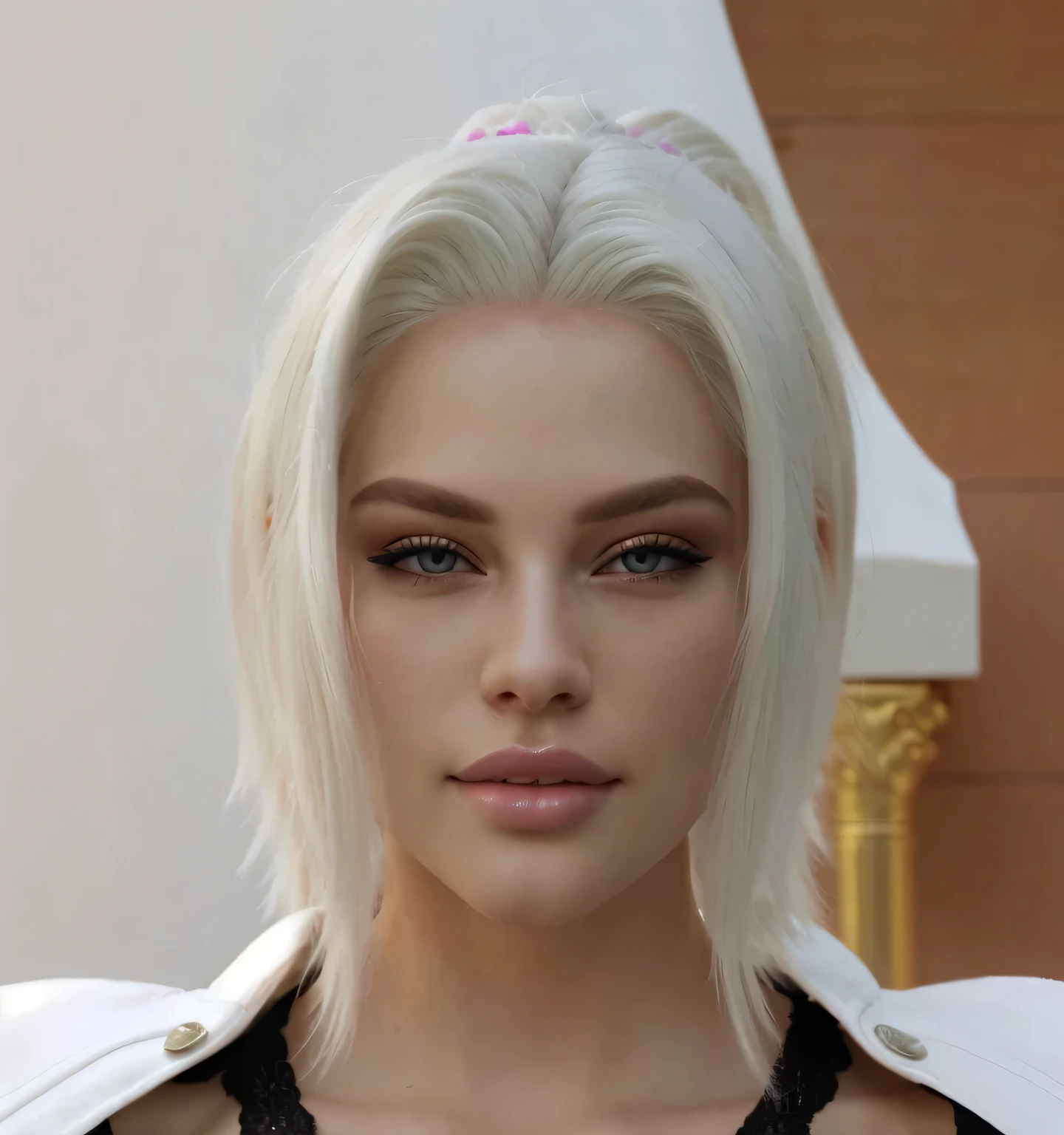 woman with white hair and pink lips posing for a picture, realistic , with very highly detailed face, hyperrealistic , ultra realistic face, sexy face, face very realistic, single realistic face, very realistic face, a hyperrealistic , real detailed face, realistic face and body hybrid, 8k, highres, best quality, high quality, super detail, high details, UHD, big full pink lips,