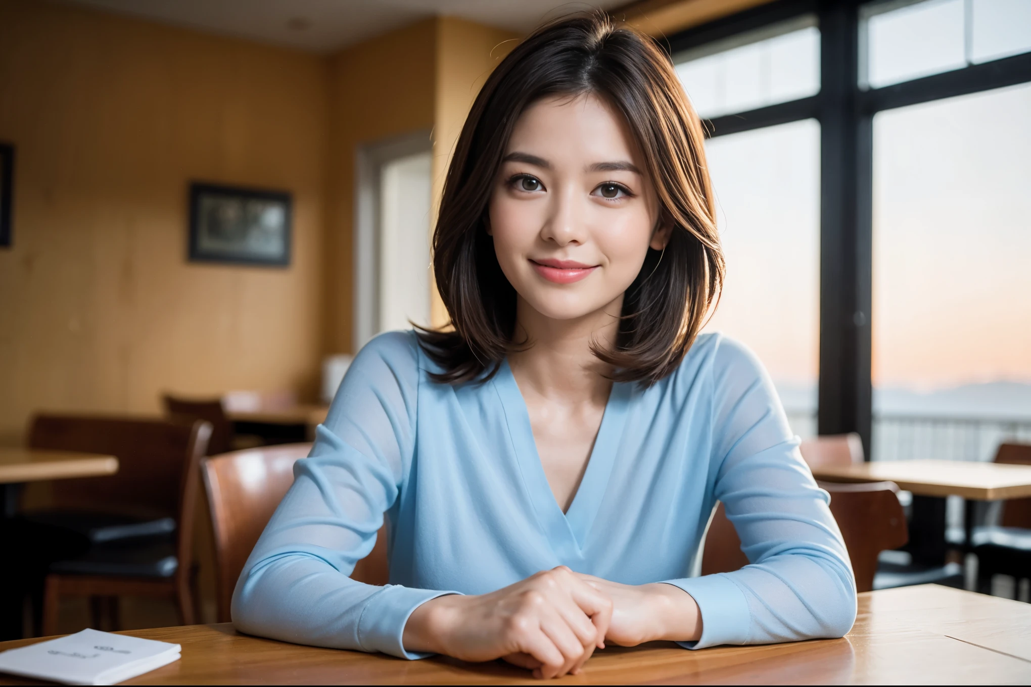 ((highest quality、8k、masterpiece:1.3))、beauty、1 male 1 female、Beautiful couple、lover、spouse、Handsome Men and Beautiful Women、Spouse、The body is slim、((Bob Hale、Straight hair:1.2)), (Realistic, Intricate details:1.2), full-course dinner,テーブルの上のwine glass、Shine light on your face、 Amazing view of the sunset sky and clouds、A bright smile、The wonderfulness of smile、Bright image、The beauty of wine, Beautiful Face, blue eyes, The light shines on your face, Blushing, short hair,Bright Face、 (Age 35), 39 years old, red wine 、Appetizers、Italian food、Wine bottle、Champagne、sparkling wine、Two beauties、Brown Hair、Shortcuts、Long sleeve shirt、dress、Pretty Woman 1, (slimな顔), (The body is slim), (Brown Hair), (Shortcuts), cheeks turn a little red,Attractive beauty、restaurant, In a prominent place (From the waist up) Nova Frog Style, actress, model, Upper Body, White wine, slim, wine glass, A wine glass placed in the center, smile, (smile: 1.15), Beautiful fine grain, Depth f/2,saturation, High Contrast, Strong light and shadow,Moist Body:1.5、3D texture、Delicate eyes、Brown Hair、The hair is very shiny、