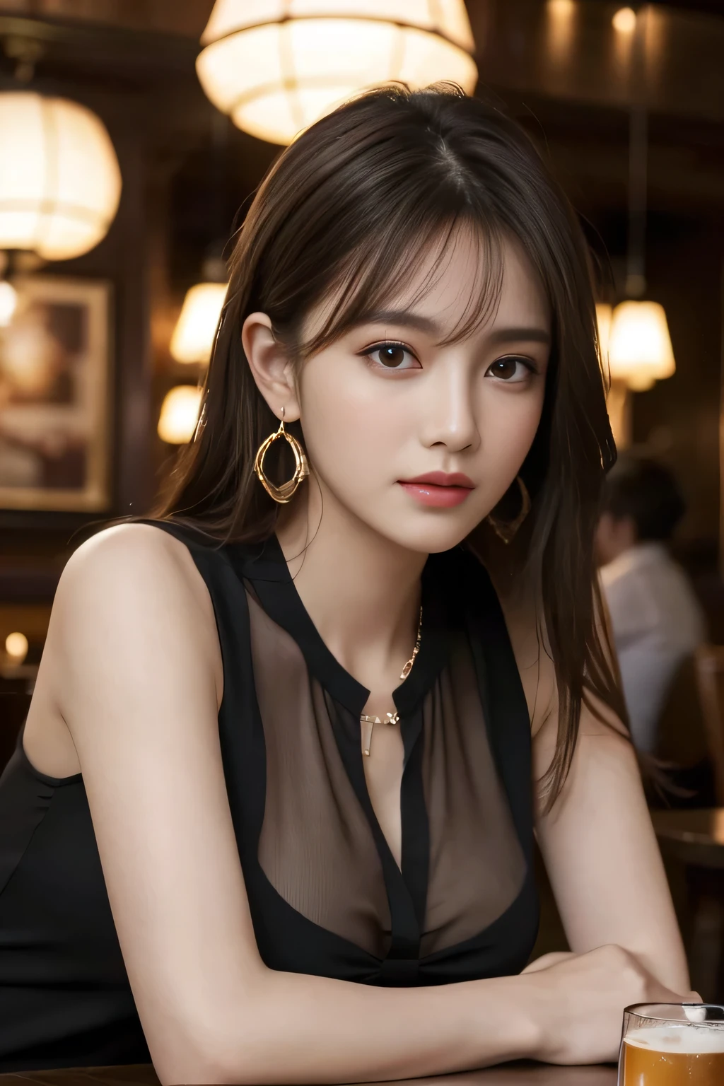 masterpiece, highest quality, Realistic, Very detailed, Finer details, High resolution, 8k wallpaper, One beautiful woman, Wear an elegant black see-through blouse, In a great pub restaurant, At night, Light brown messy hair, Perfect dynamic composition, Beautiful and beautiful eyes、Big earrings、Sleeveless shirt、