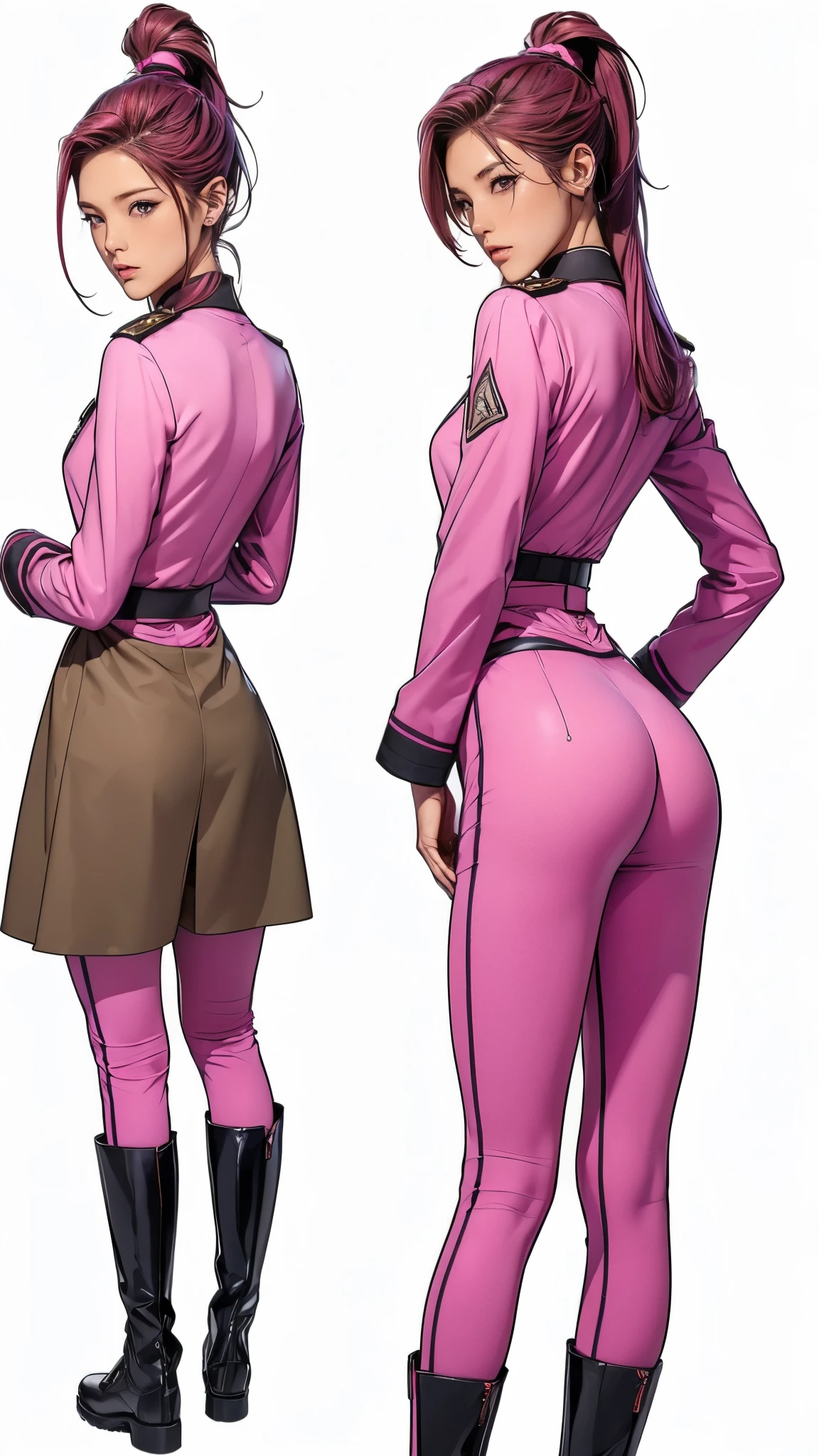 ((masterpiece)),(((highest quality))),((Reference Sheet, Character Design, front, return, ~ ~ side, Mr..々Hairstyle, Mr..々Performance, Facial Expressions)), -yeld gi Cute type, (Very slim:1.4), (Very small ass:1.4), Realistic buttocks, Medium chest, Pink hair, mohawk and ponytail:1.2,Thin thighs, Long legs, It's not a big deal,(A female Earth Federation officer is walking), (Wearing Earth Federation military uniform, White and magenta military uniforms),(Worn by federal government employees'White Hat:1.5)