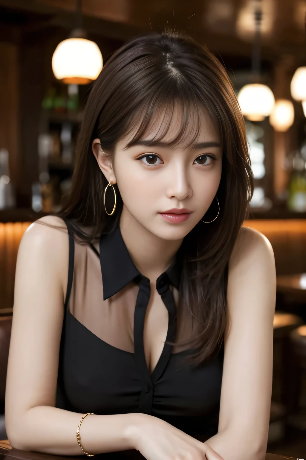 masterpiece, highest quality, Realistic, Very detailed, Finer details, High resolution, 8k wallpaper, One beautiful woman, Wear an elegant black see-through blouse, In a great pub restaurant, At night, Light brown messy hair, Perfect dynamic composition, Beautiful and beautiful eyes、Big earrings、Sleeveless shirt、