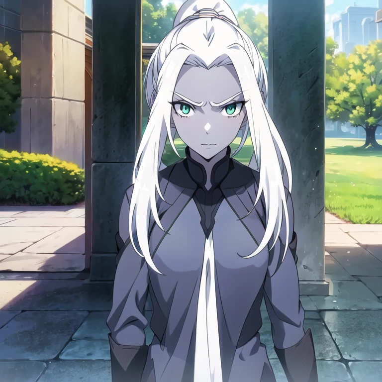 fullbody, solo, drow, felame, sensual, grey skin, white hair, ponytail, green eyes, serious, (masterpiece, best quality, anime screencap)