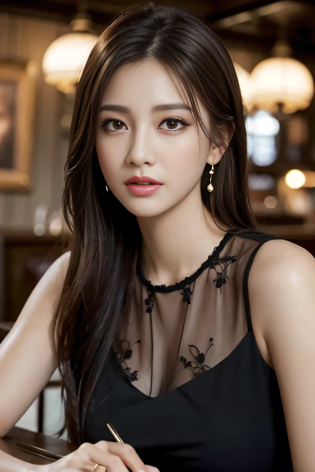 masterpiece, highest quality, Realistic, Very detailed, Finer details, High resolution, 8k wallpaper, One beautiful woman, Wear an elegant black see-through blouse, In a great pub restaurant, At night, Light brown messy hair, Perfect dynamic composition, Beautiful and beautiful eyes、Big earrings、Sleeveless shirt、