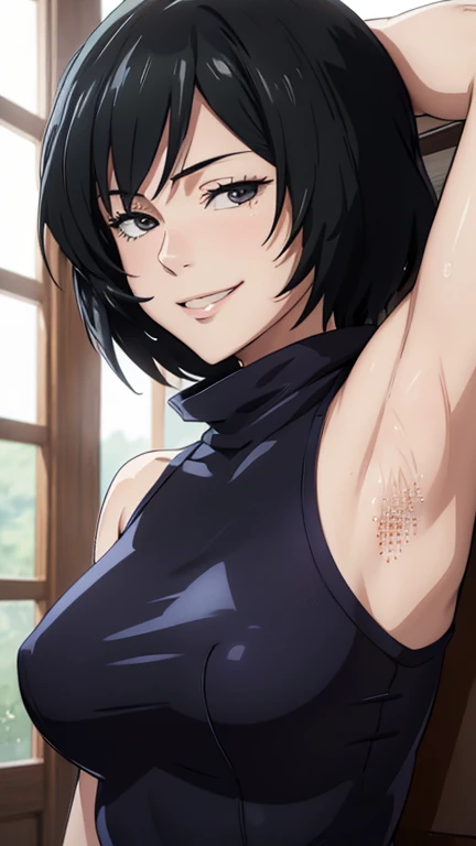 Mai, Portrait, masterpiece, 8k, ultra high quality, ultra realistic, ultra high definition, anime art, smiling, cute, seductive, armpits visible, sweat, sweaty armpits