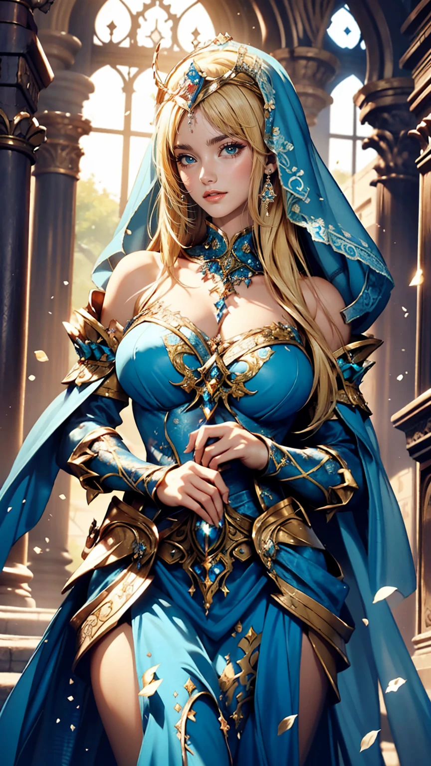 Wearing a blue dress and a veil、Blonde woman with a veil on her head, Beautiful fantasy maiden, Detailed fantasy art, Beautiful fantasy art, Blonde Princess, artgerm の artstation pixiv, Beautiful maiden, ((Beautiful Fantasy Empress)), 2. 5d cgi anime fantasy artwork, Fantasy art style, Detailed digital anime art, Fantasy style art