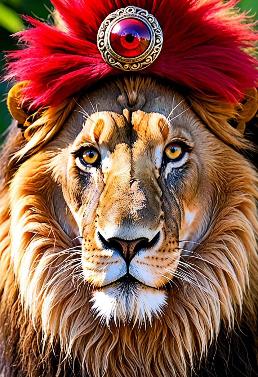 Un lion avec un chapeux rouge et des yeux rouge