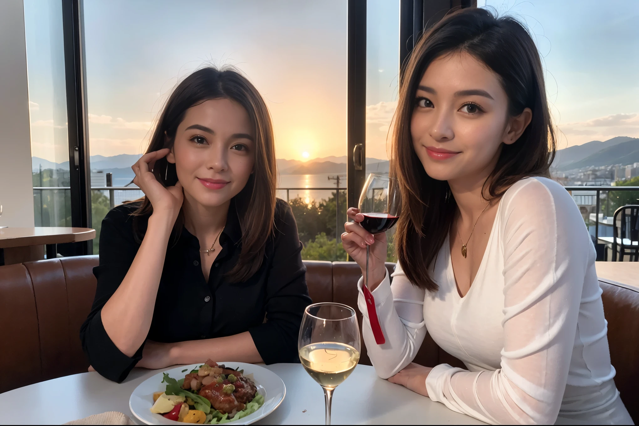 ((highest quality、8k、masterpiece:1.3))、Ray Dan lookalike beauty、1 male1 female、Couple、lover.Spouse、half、The body is slim、((Bob Hale、Straight hair:1.2)), (Realistic, Intricate details:1.2), Wine glass on the table、Shine light on your face、 Amazing view of the sunset sky and clouds、Amazing mountain views、A bright smile、The wonderfulness of smile、Bright image、The beauty of wine, Beautiful Face, blue eyes, The light shines on your face, Blushing, short hair,Bright Face、 (Age 44), 39years old, red wine 、Appetizers、Italian food、Wine bottle、Champagne、sparkling wine、Two beauties、Brown Hair、Shortcuts、Long sleeve shirt、dress、Pretty Woman 1, (Slim face), (The body is slim), (Brown Hair), (Shortcuts), cheeks turn a little red,Attractive beauty、restaurant, In a prominent place (From the waist up) Nova Frog Style, actress, model, Upper Body, White wine, slim, wine glass, A wine glass placed in the center, smile, (smile: 1.15), Beautiful fine grain, Depth f/2,saturation, High Contrast, Strong light and shadow,Moist Body:1.5、3D texture、Delicate eyes、Brown Hair、The hair is very shiny、