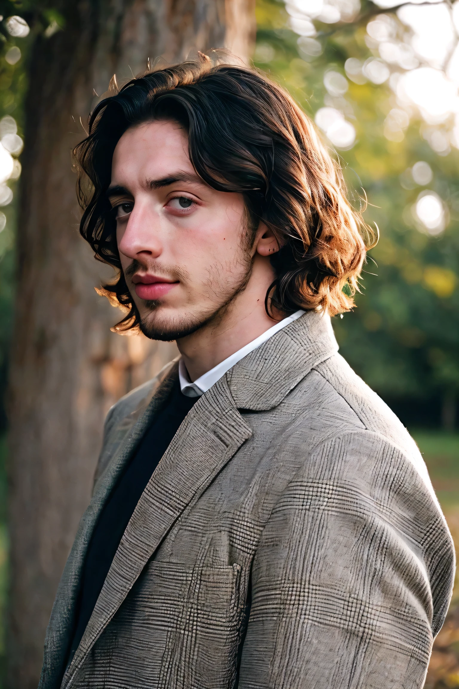 Handsome Men Portrait, shot on leica, shadowplay, gorgeous lighting, subtle pastel hues, outdoors ,1890, medium length hair, Aaron Taylor Johnson