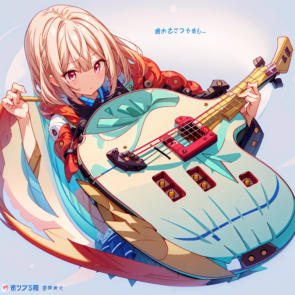 One girl、(masterpiece, highest quality、Official Art、The best configuration、Award-winning works), (Thin Hair), Very detailed, Anime Style, alone, full length, Concept Art,guitarをひいている　guitar、Musical note fractal art, デザインが非常にこだわっているguitar,  Super huge, Tall and stylish, Very large.、White Background, full lengthに立って, Floating in the sky,fsgzisksk