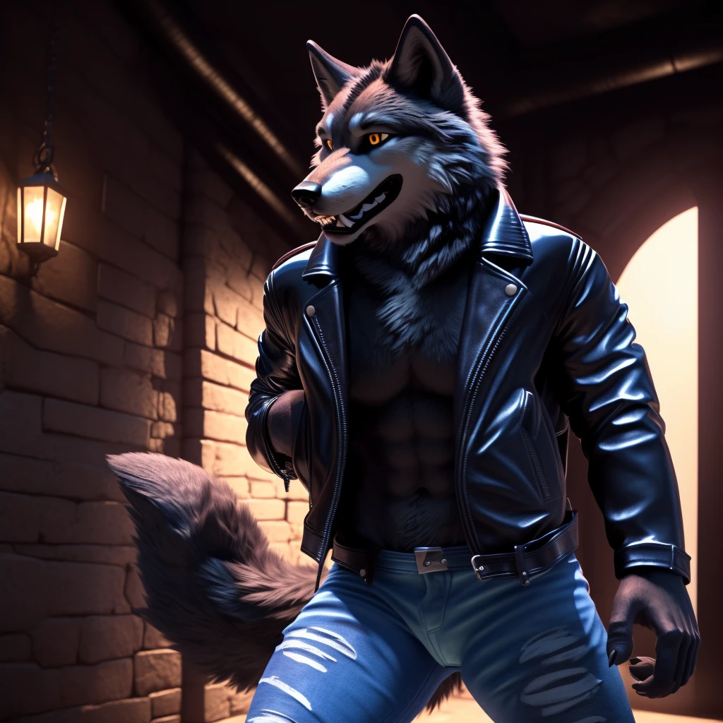 Getting chased ny catgirls, Male, 30 years old, laughing, (black leather jacket:1.8) , anthro, wolf ears, (black fur:1.5), wolf, dungeon background, 8k, hi res, (best quality, masterpiece), (wolf tail:1.5), detailed fur, (blue jeans:1.5),