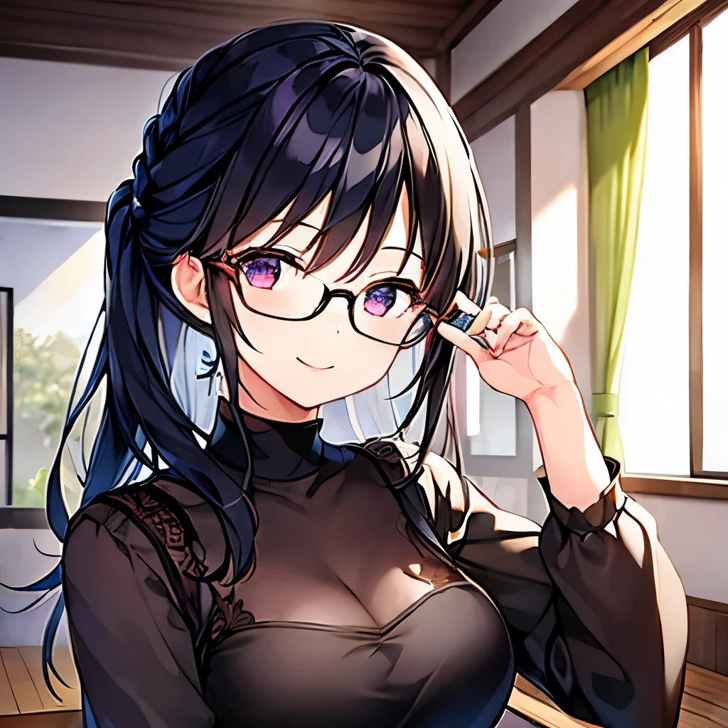 1 girl、28-year-old female、Asian、cute、Black Hair、Updo、Glasses、alone、Beautiful smile、Looking up、room、one&#39;s home、living、Casual clothing、HD Fine、Very detailed、Masterpiece、Cinema Lighting、(8k、highest quality、Masterpiece:1.2)、(Realistic、Photorealistic:1.37) High resolution